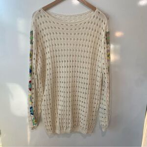 Knit cream long sleeve crotchet sweater with colorful floral sleeves large